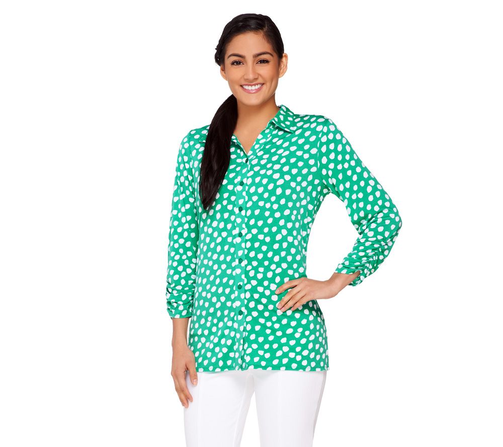 Susan Graver Printed Liquid Knit Top with Smocking Back Detail - A231771