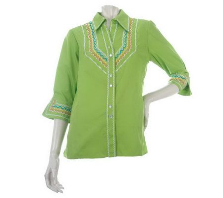 Bob Mackies Rick-Rack Embroidered 3/4 Sleeve Shirt - A56871