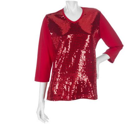 Quacker Factory 3/4 Sleeve Sequin Front T-shirt - A203972