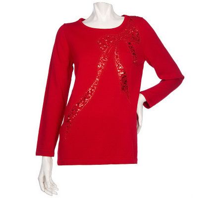 Quacker Factory Long Sleeve Sequin Bow Sweater - A209772