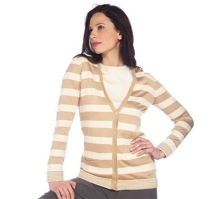 Isaac Mizrahi Live! Long Sleeve Striped V-Neck Cardigan - A212372