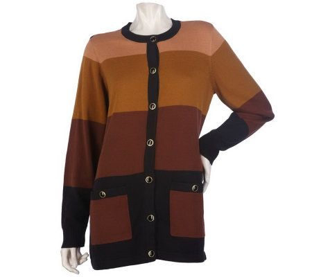Bob Mackies Long Sleeve Button Front Colorblock Cardigan - A217772