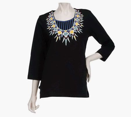 Bob Mackies 3/4 Sleeve Embroidered Necklace Top - A223772