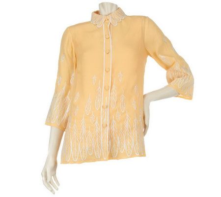 Bob Mackies Feather Embroidered Button Front Shirt with Tank - A224572