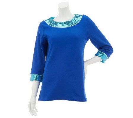 Quacker Factory Color Band Sequin Shine 3/4 Sleeve T-shirt - A230572