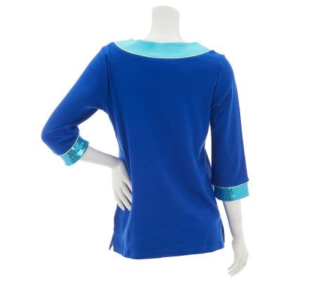 Quacker Factory Color Band Sequin Shine 3/4 Sleeve T-shirt