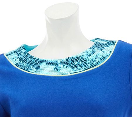 Quacker Factory Color Band Sequin Shine 3/4 Sleeve T-shirt