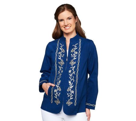 Quacker Factory Garden Fantasy Zip Front Mandarin Collar Stretch Jacket - A231272