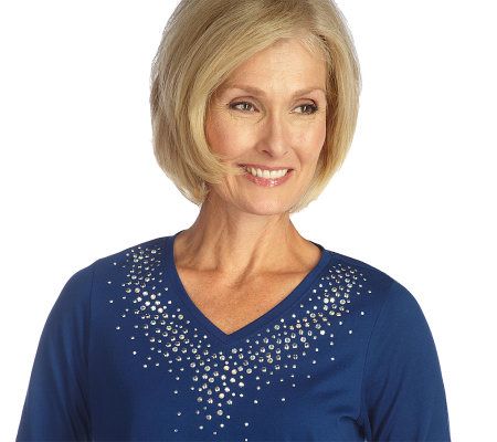 Quacker Factory Rhinestone 3/4 Sleeve T-shirt & Crop Pants Set