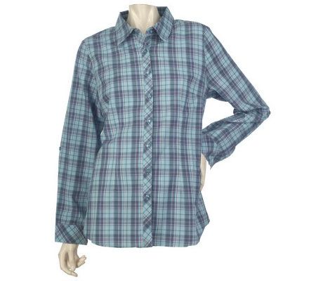Denim & Co. Roll Sleeve Button Front Plaid Shirt - A217573