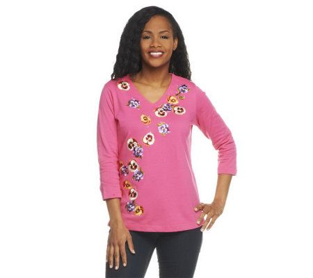 Quacker Factory Whats Old is New Pansies 3/4 Sleeve T-shirt - A221773