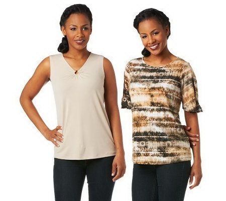 Susan Graver Set of Two Liquid Knit Tops with Ring Detail - A222473
