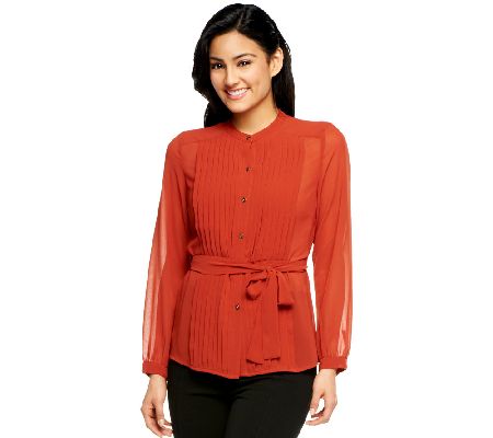 CV by Cynthia Vincent Pleated Chiffon Button Front Blouse - A226573