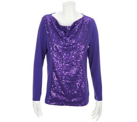 Bob Mackies Cowl Neck Sequin Front Long Sleeve Tunic - A229273