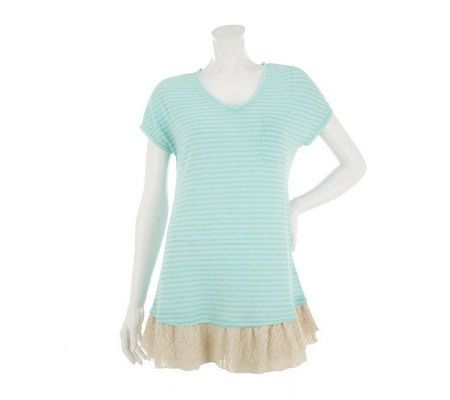 LOGO by Lori Goldstein Striped Knit Top with Lace Hem - A233673