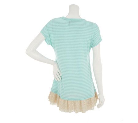 LOGO by Lori Goldstein Striped Knit Top with Lace Hem