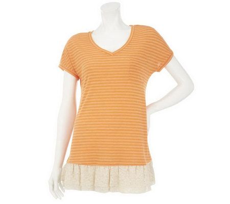 LOGO by Lori Goldstein Striped Knit Top with Lace Hem - A233673