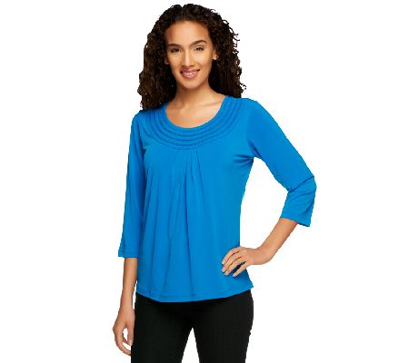 Susan Graver Liquid Knit 3/4 Sleeve Swing Top w/ Lattice Trim - A87173