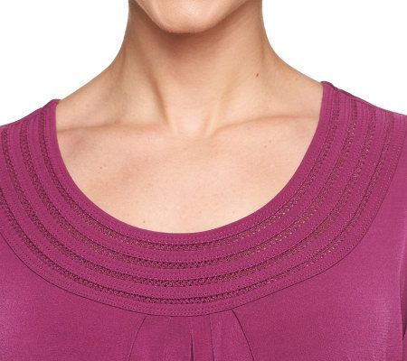 Susan Graver Liquid Knit 3/4 Sleeve Swing Top w/ Lattice Trim