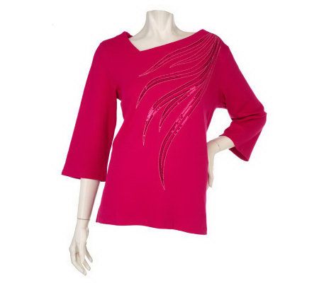 Bob Mackies Sequin Feather Knit Top with Asymmetrical Neckline - A93273