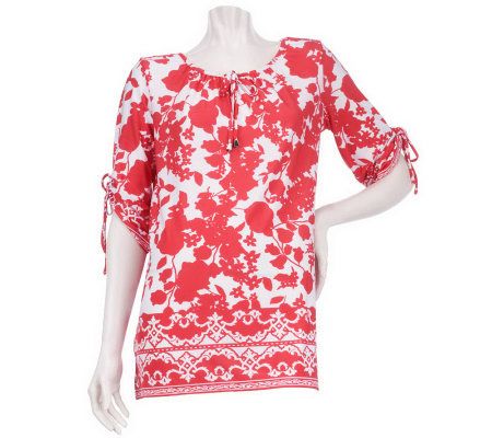 Susan Graver Liquid Knit Border Print Tunic with 3/4 Sleeves - A200674