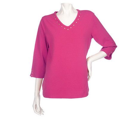 Denim & Co. 3/4 Sleeve V-neck T-shirt with Stud Detail - A202174