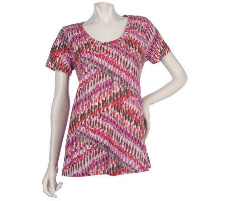 LOGO by Lori Goldstein Short Sleeve Printed Top with Tie Back - A214774