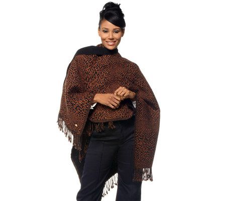 Liz Claiborne New York Animal Print Ruana with Fringe Detail - A220574