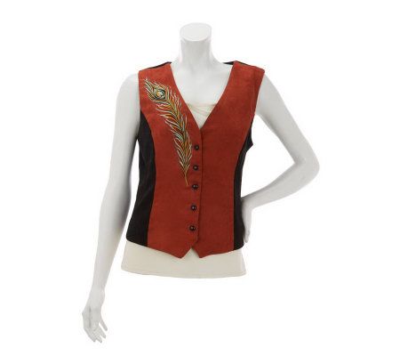 Bob Mackies Peacock Plume Embroidered Faux Suede and Moleskin Vest - A221774