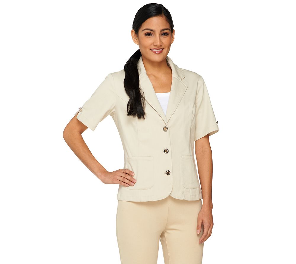 Denim & Co. Short Sleeve Jacket with Two-Tone Stud & Chain Detail - A224874