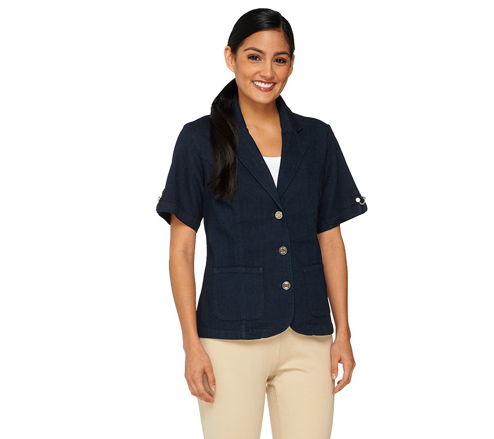 Denim & Co. Short Sleeve Jacket with Two-Tone Stud & Chain Detail - A224874