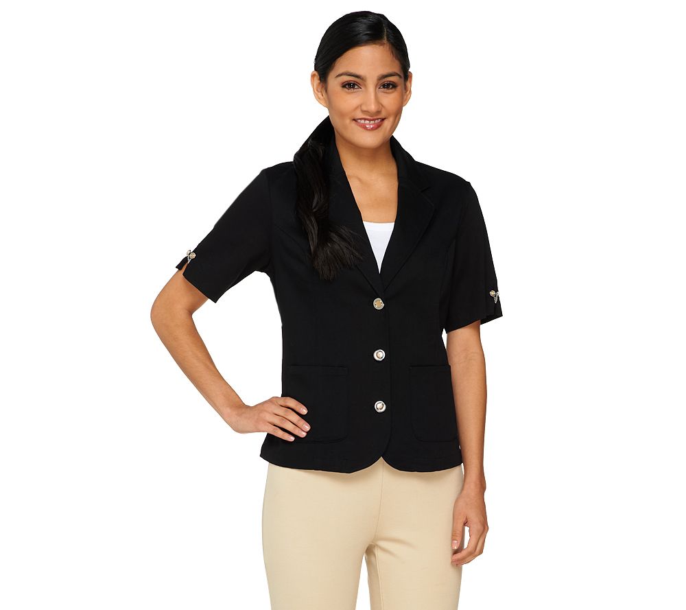 Denim & Co. Short Sleeve Jacket with Two-Tone Stud & Chain Detail - A224874