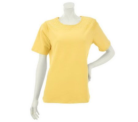 Denim & Co. Short Sleeve Lace Yoke Top - A231874