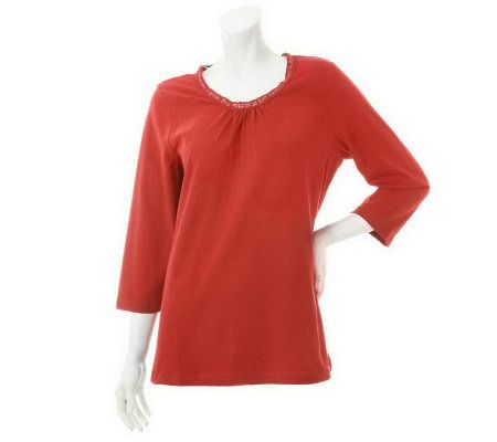 As Is Denim & Co. 3/4 Sleeve Top with Lace Trim at Neckline - A236774