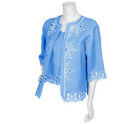 Bob Mackies Linen/Rayon Embroidered Jacket and Tank w/Cutout Detail - A56674