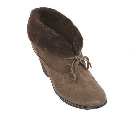 B. Makowsky Suede Lace-up Booties with Faux Fur Trim - A210375