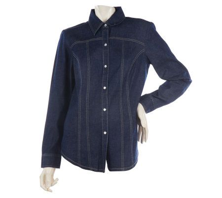 Susan Graver Stretch Denim Button Front Long Sleeve Top - A211175