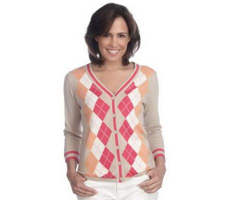 Liz Claiborne New York Argyle V-Neck Button Front Cardigan - A213175