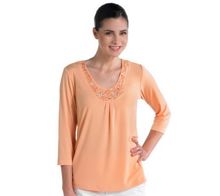 Susan Graver Liquid Knit U-neck Embellished 3/4 Sleeve Top - A214375