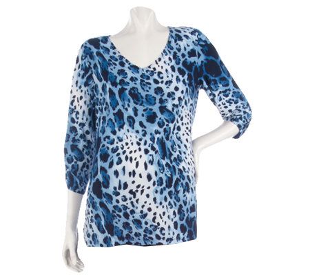 Susan Graver Printed Liquid Knit V-neck Top w/ Solid Crop Pant