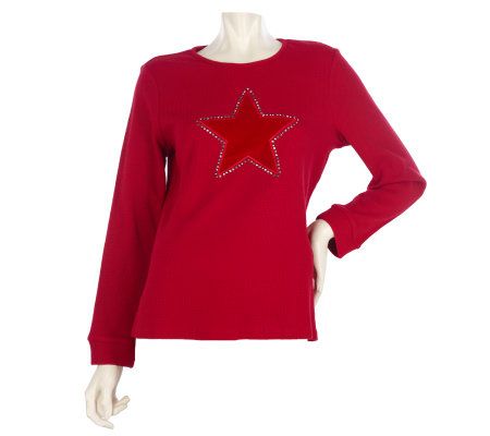 Quacker Factory Waffle T-Shirt with Velvet Star and Rhinestone Trim - A217375