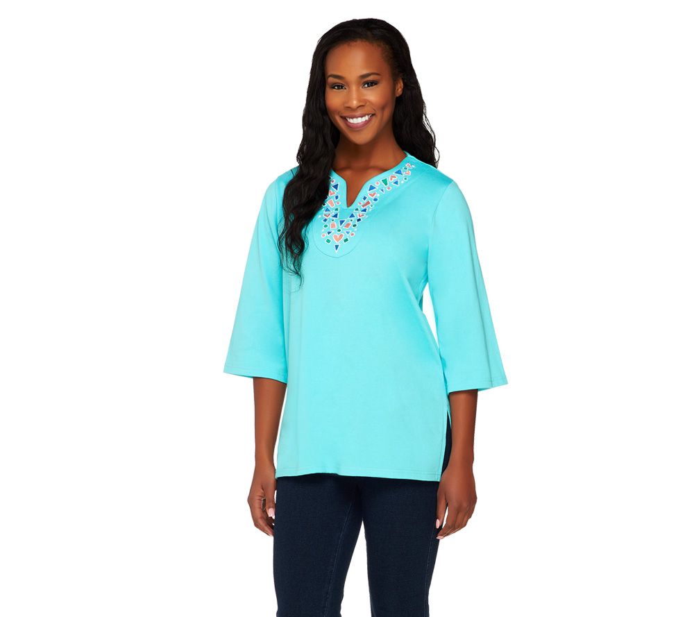 Bob Mackies Embroidered Split Neck 3/4 Sleeve Top - A221775