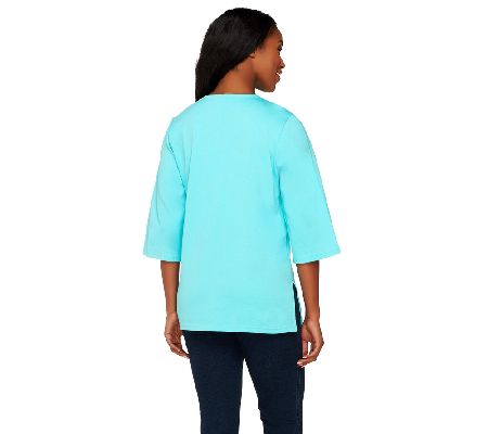 Bob Mackies Embroidered Split Neck 3/4 Sleeve Top