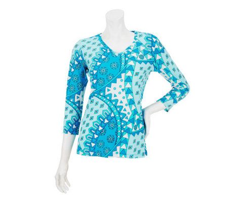 Linea by Louis DellOlio V-neck 3/4 Sleeve Printed Top - A222275