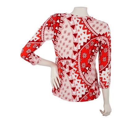 Linea by Louis DellOlio V-neck 3/4 Sleeve Printed Top