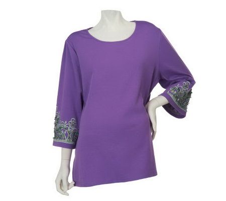 Bob Mackies 3/4 Sleeve Tunic with Embroidery and Rock Detail - A224575