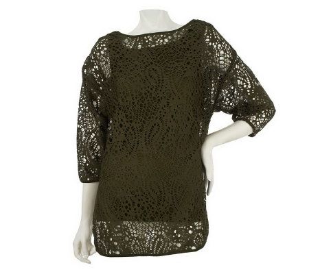 Linea by Louis DellOlio 3/4 Sleeve Open Work Top with Tank - A224875