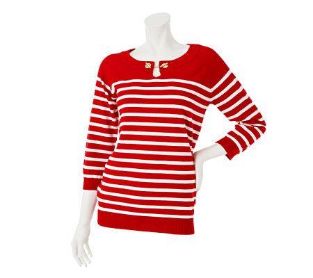 Susan Graver Striped 3/4 Sleeve Sweater with Toggle Detail - A231075