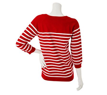 Susan Graver Striped 3/4 Sleeve Sweater with Toggle Detail