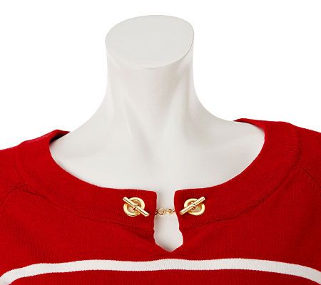 Susan Graver Striped 3/4 Sleeve Sweater with Toggle Detail